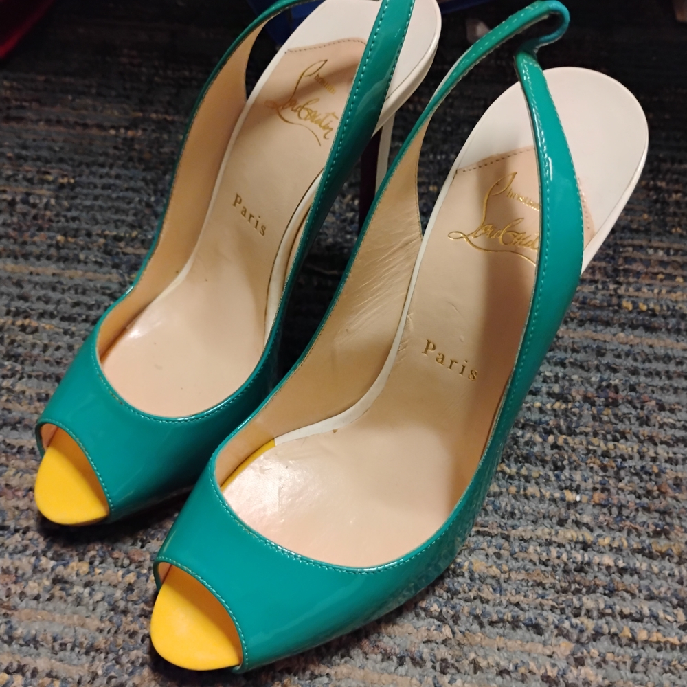 Christian Louboutin Teal and Yellow Peep-Toe Slingback Heels Size 38